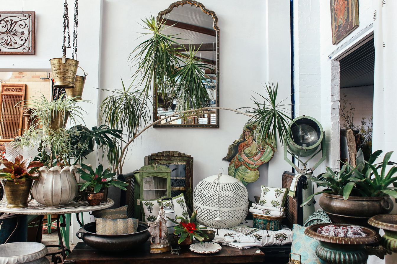 Interior vintage com plantas e decoração eclética