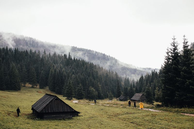 Timber huts on a foggy mountain meadow — Rachel Claire on Pexels