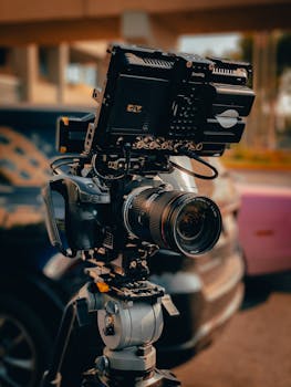 Close-up view of a professional camera mounted on a tripod, ideal for outdoor filming.
