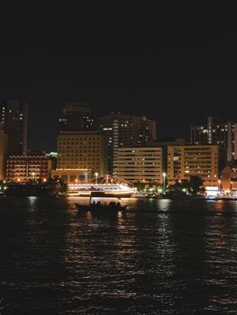 夜晚的城市景观充满活力，灯光明亮的建筑物和河上的灯光船只点缀其中