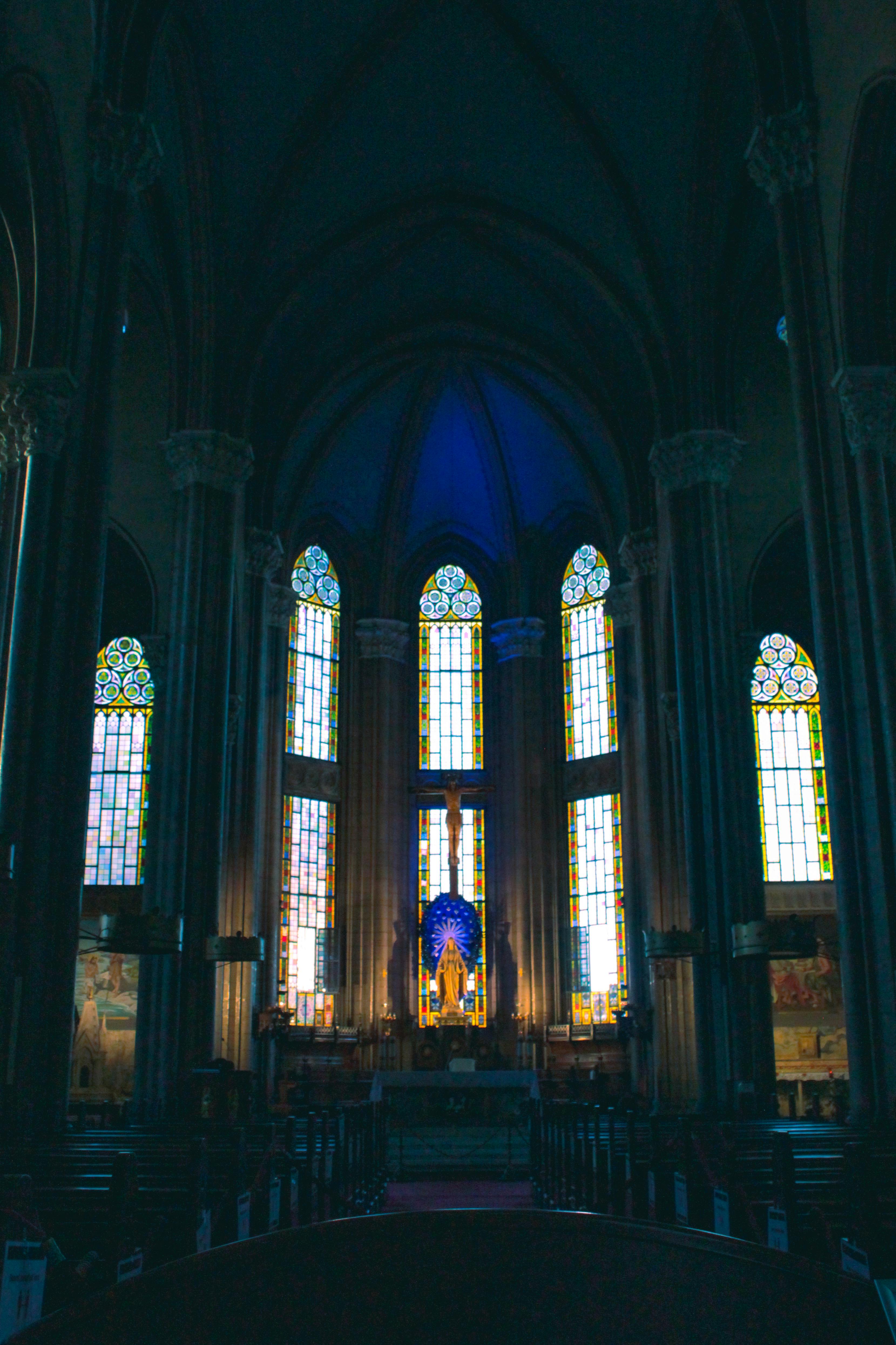 Church Interior with Stained Glass Windows · Free Stock Photo