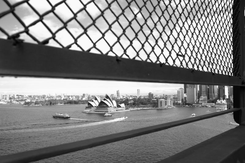 Australian city skyline visible through a security fence