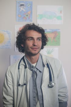 Smiling pediatrician in a bright office adorned with children's artwork, wearing a stethoscope.
