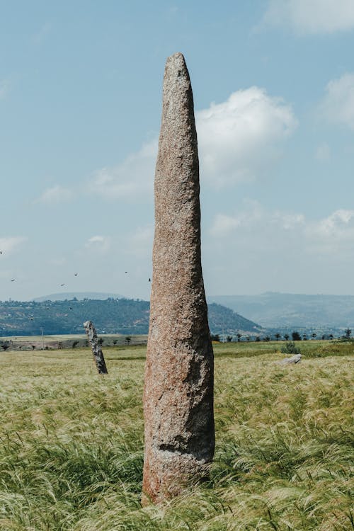Scenic view of stone menhir on lush green grass in front of mountains under cloudy sky in countryside
