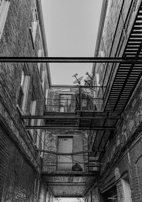 Free Vertical shot of a brick alleyway with satellite dishes and fire escape. Stock Photo