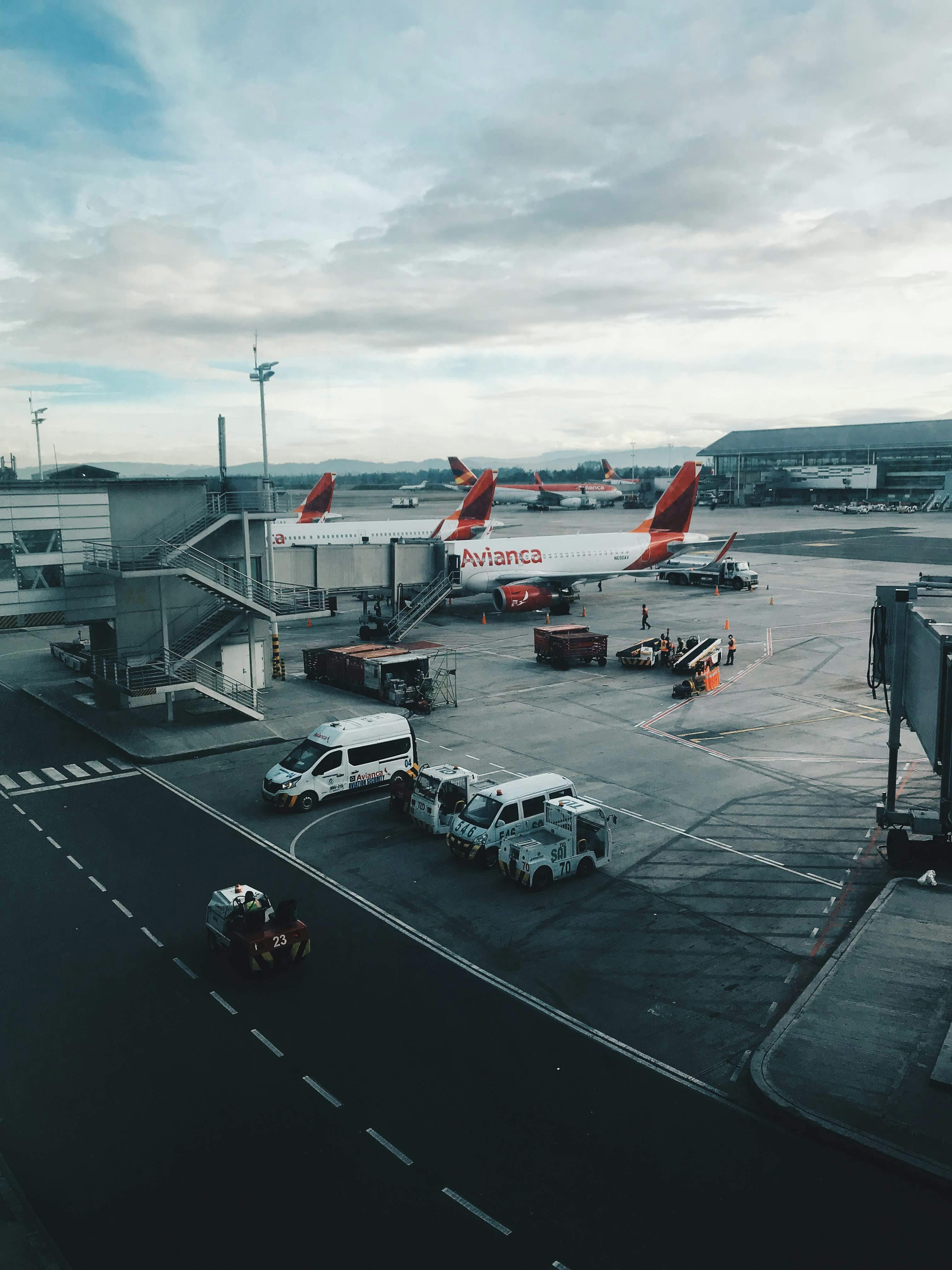 Free View of Avianca planes parked at the tarmac of Bogota's main airport. Stock Photo