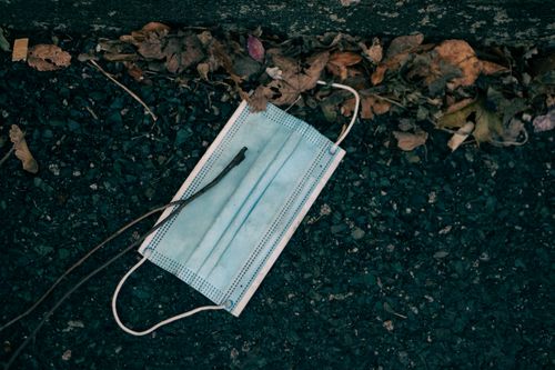 Free From above of used preventive mask thrown on ground with dry leaves in autumn Stock Photo
