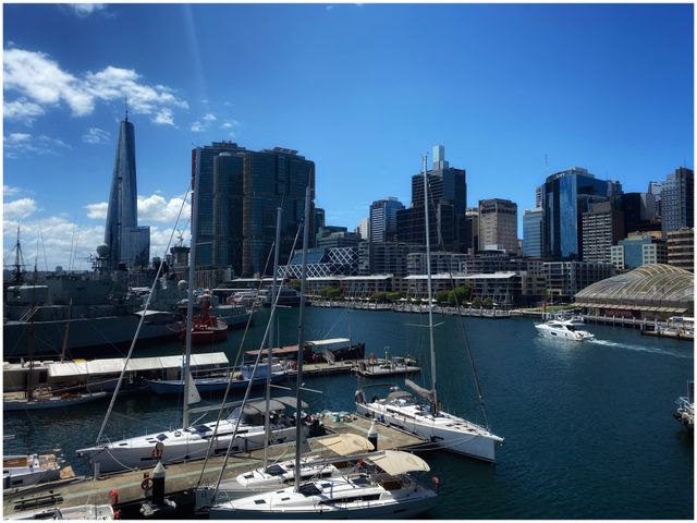Urban harbour with yachts and a city skyline