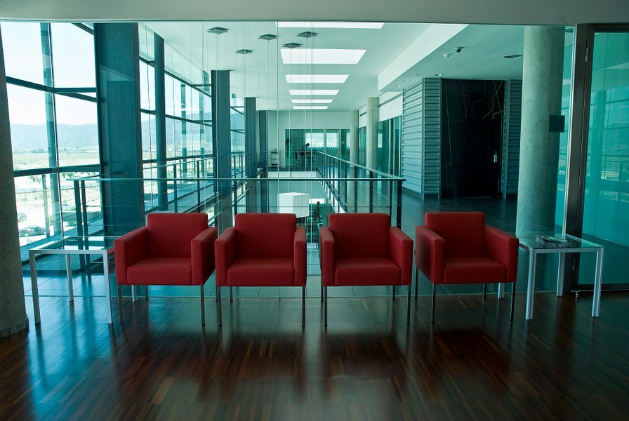 Modern office lobby with seating area