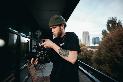 Man with tattoo filming on balcony using professional video camera, focused and serious.