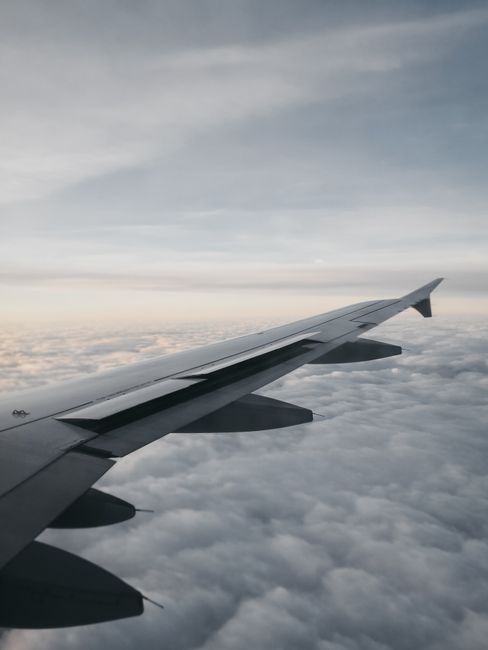 Through window of wing of modern aircraft flying in sky over gray fluffy clouds at sunset