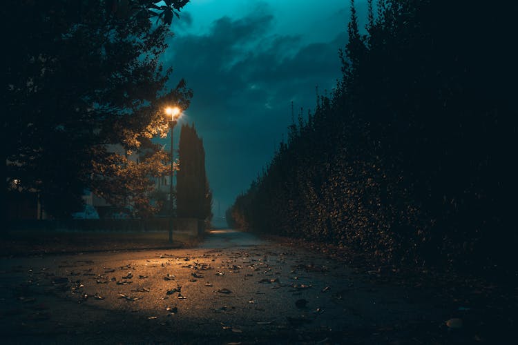 A Street With Lamppost Under Night Sky