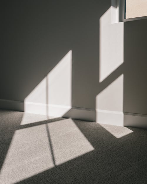Shadow of window with glazing bars on wall and floor of minimal apartment in sunlight