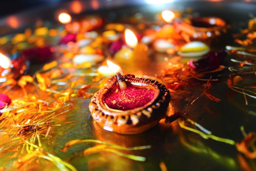 Vibrant Diwali celebration featuring illuminated diyas floating on water, capturing the festivity's warmth.
