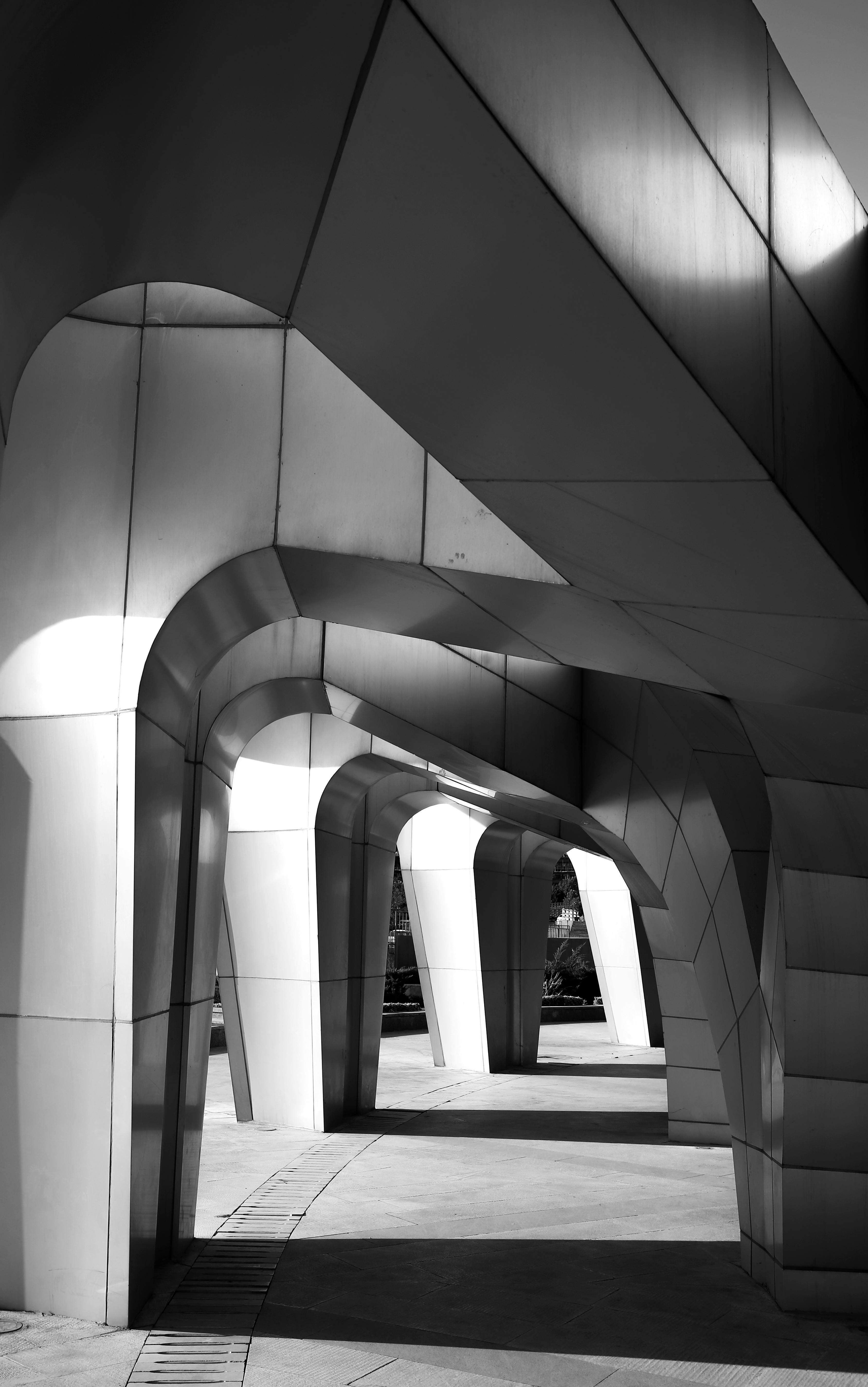 A striking black and white photo showcasing modern architectural elements with sleek geometric arches.