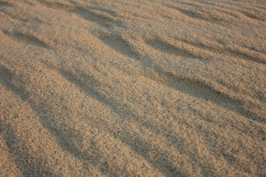 Detailed close-up of sand texture with shadows on a beach.