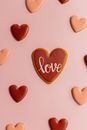 Small hearts with love word placed on surface
