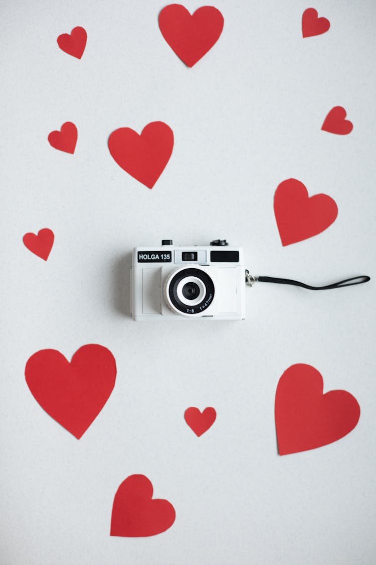 Paper Hearts With Retro Photo Camera