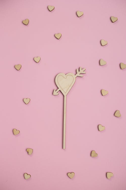 Top view of composition of creative wooden hearts placed on pink background in studio