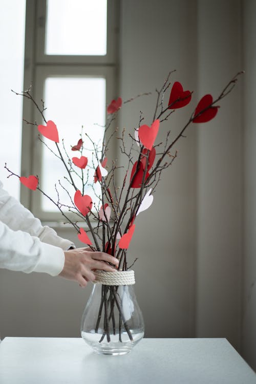 Person in White Long Sleeve Shirt Holding a Clear Vase