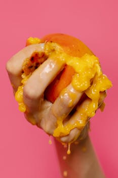 Close-up of a hand squeezing a juicy mango against a pink backdrop, showcasing vivid colors and textures.