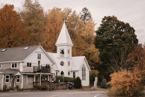 Facade of contemporary white house on roadside surrounded with yellow trees on autumn day