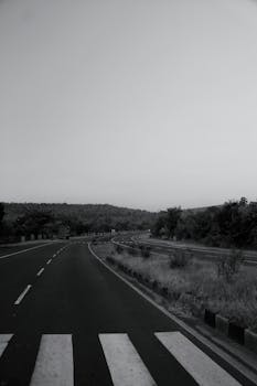 A peaceful highway scene in black and white, perfect for travel themes.