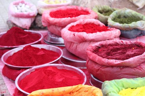 Free Vibrant color powders used in traditional Indian Holi festival celebrations. Stock Photo