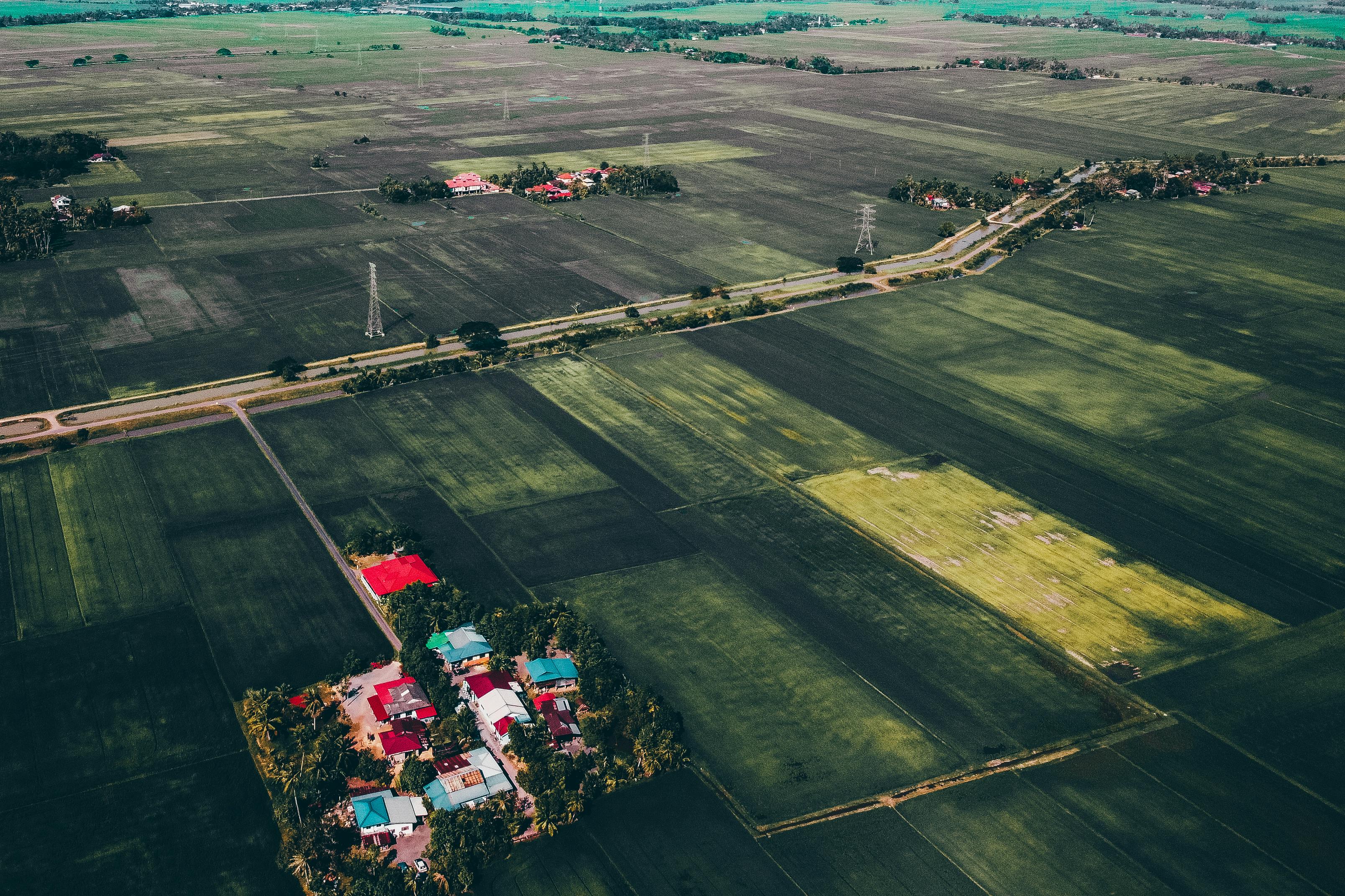 A sweeping aerial view of vast farmland near Alor Setar, Malaysia, showcasing green fields and scattered houses.