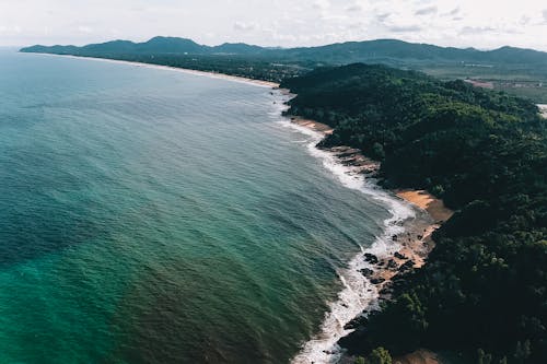 Drone view of mounts with lush trees on shore near wavy ocean under cloudy sky in daytime