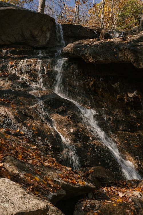 Rocky formation with rapid waterfall in forest