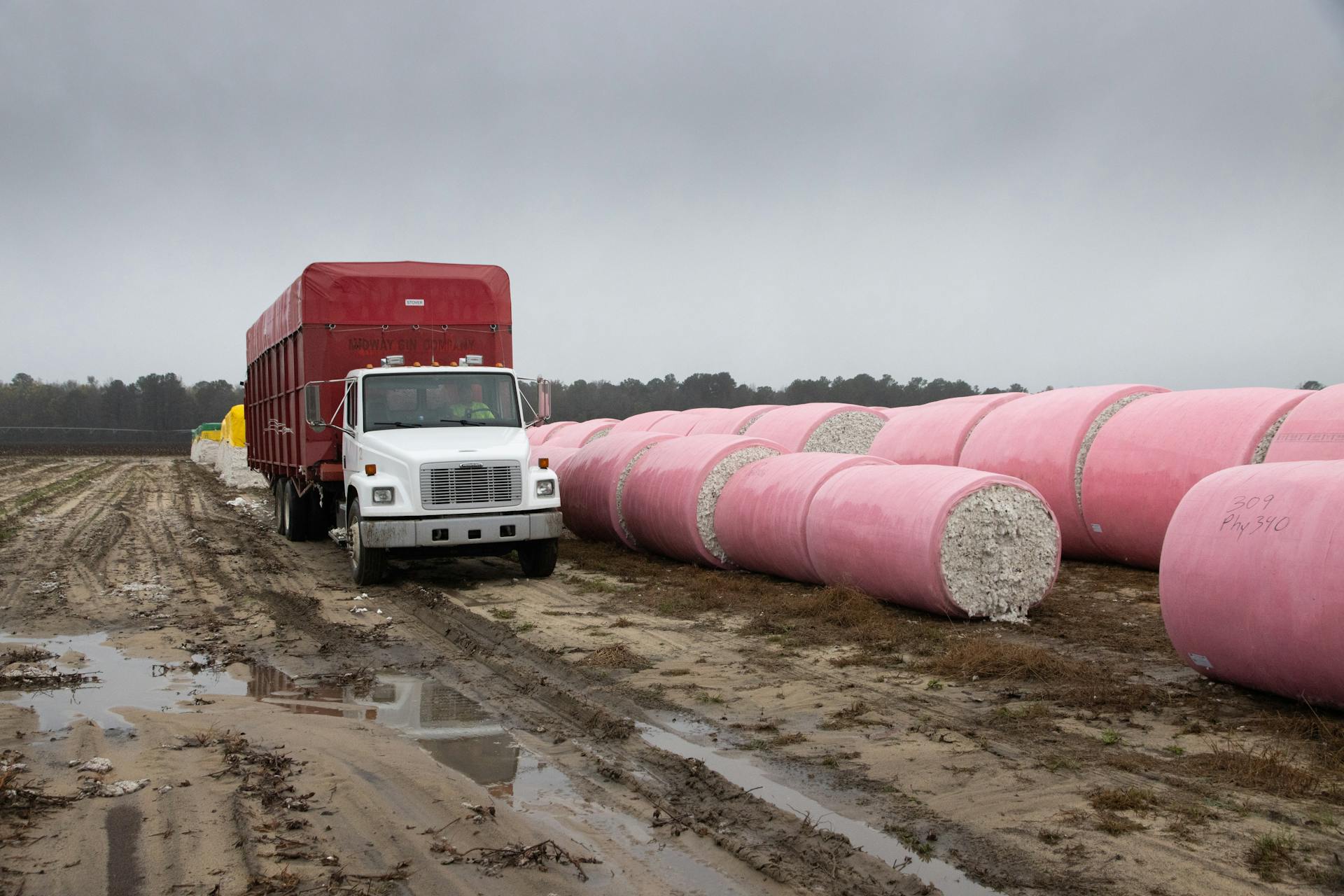 Truck beside large cotton bales in a rural North Carolina farm field.
