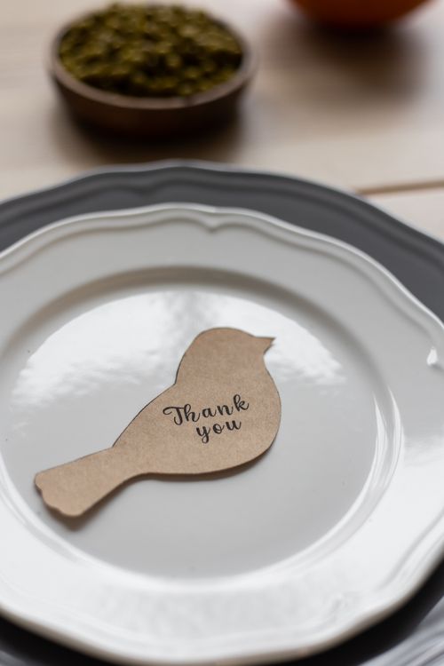 Free From above of carton postcard cutout in shape of bird with Thank You printed inscription placed on plate Stock Photo