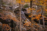 Rapid river flowing through stony cliff in autumn forest