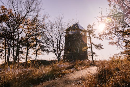 Tower with antenna on top in suburb area