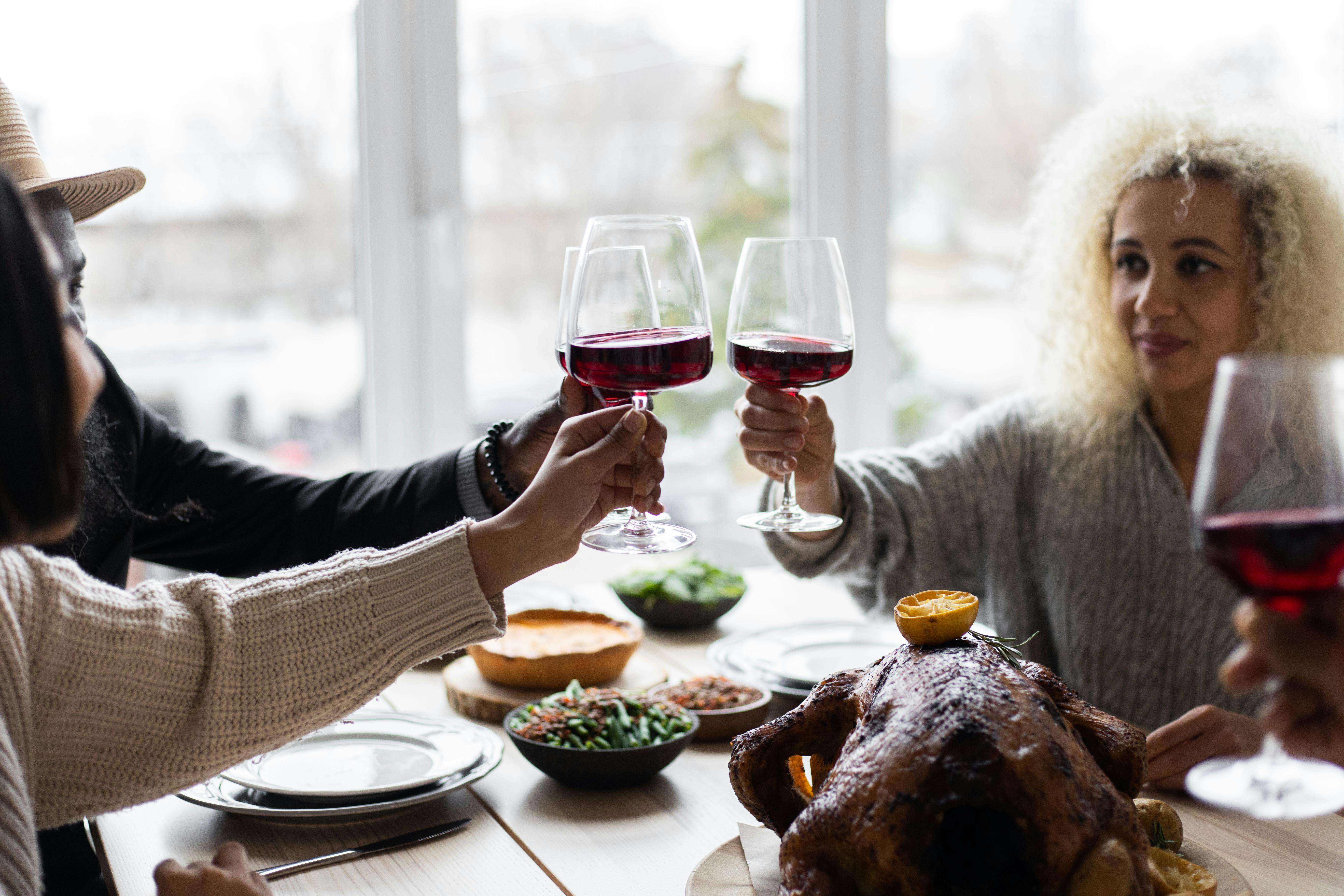 multiethnic people clinking glasses having dinner