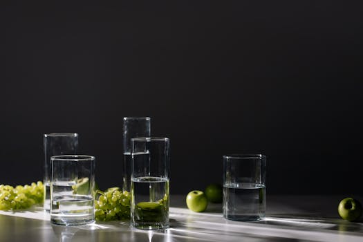 Photograph of glassware with water, green apples, and grapes on a black background creating a classic still life setup.