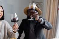 Positive multiracial couple making toast while drinking wine in glasses having festive dinner with guests at home