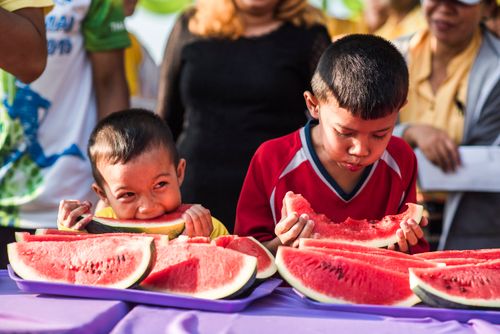 Free Two boys delightfully eating watermelon slices at a sunny outdoor gathering. Stock Photo