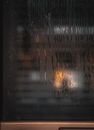 雨点覆盖的窗户上，映着夜间模糊的城市灯光
