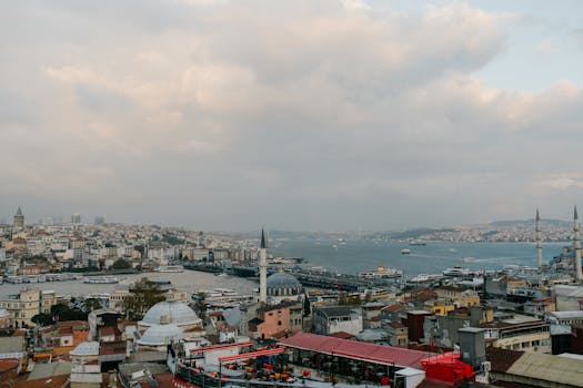 Explore Istanbul's stunning skyline with iconic mosques and the bustling Bosphorus, captured in a magnificent aerial shot.
