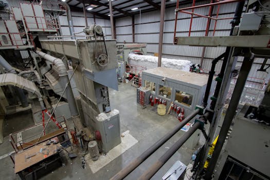 Massive industrial factory interior with machinery and equipment