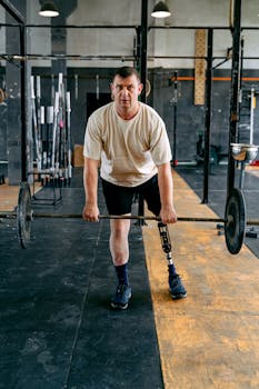 A determined man with a prosthetic leg lifting weights in an indoor gym setting.