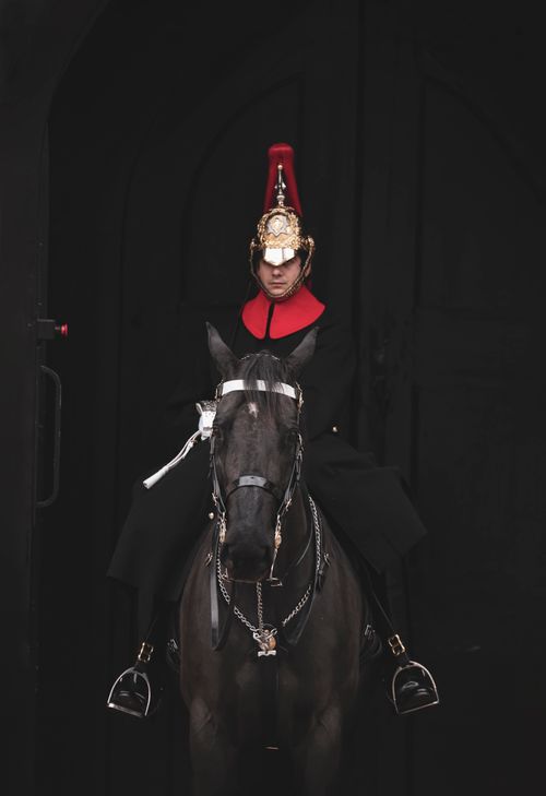 Free A royal guard in traditional attire riding a horse outside Buckingham Palace, London. Stock Photo