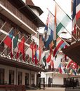 House facades with assorted wavy flags on sticks above street in Rosa Khutor on summer day