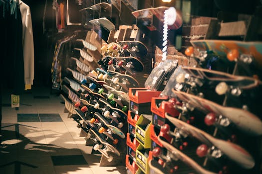 A vibrant display of skateboards and apparel in a stylish urban store setting, perfect for sport enthusiasts.