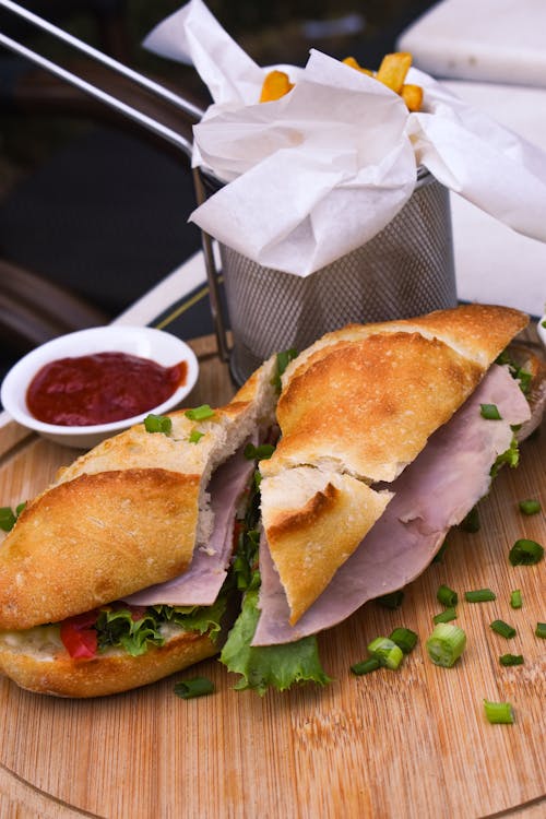 Baguette Sandwich on the Wooden Tray