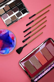 Stylish flatlay of makeup palettes and brushes on a pink background, perfect for beauty blogs.