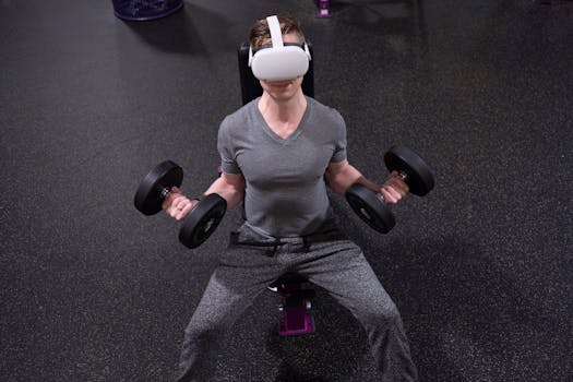 Man exercises with dumbbells and VR headset in a modern gym setting.