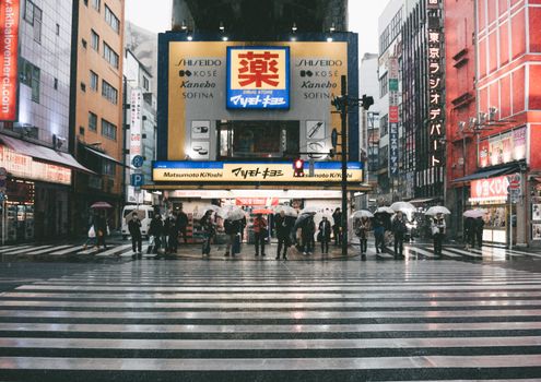 东京的雨天，行人撑着伞，从色彩缤纷的广告牌旁过马路